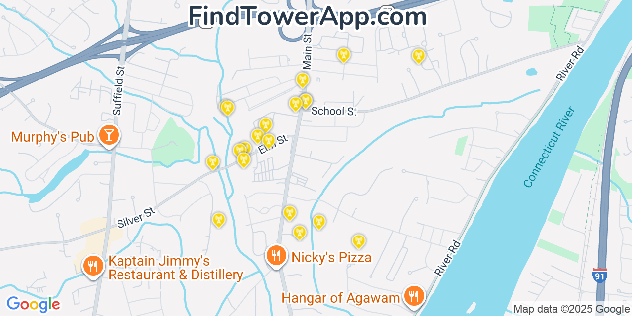 Map showing the 20 primary cell tower locations detected in Agawam, Massachusetts from AT&T, Verizon, and T-Mobile networks