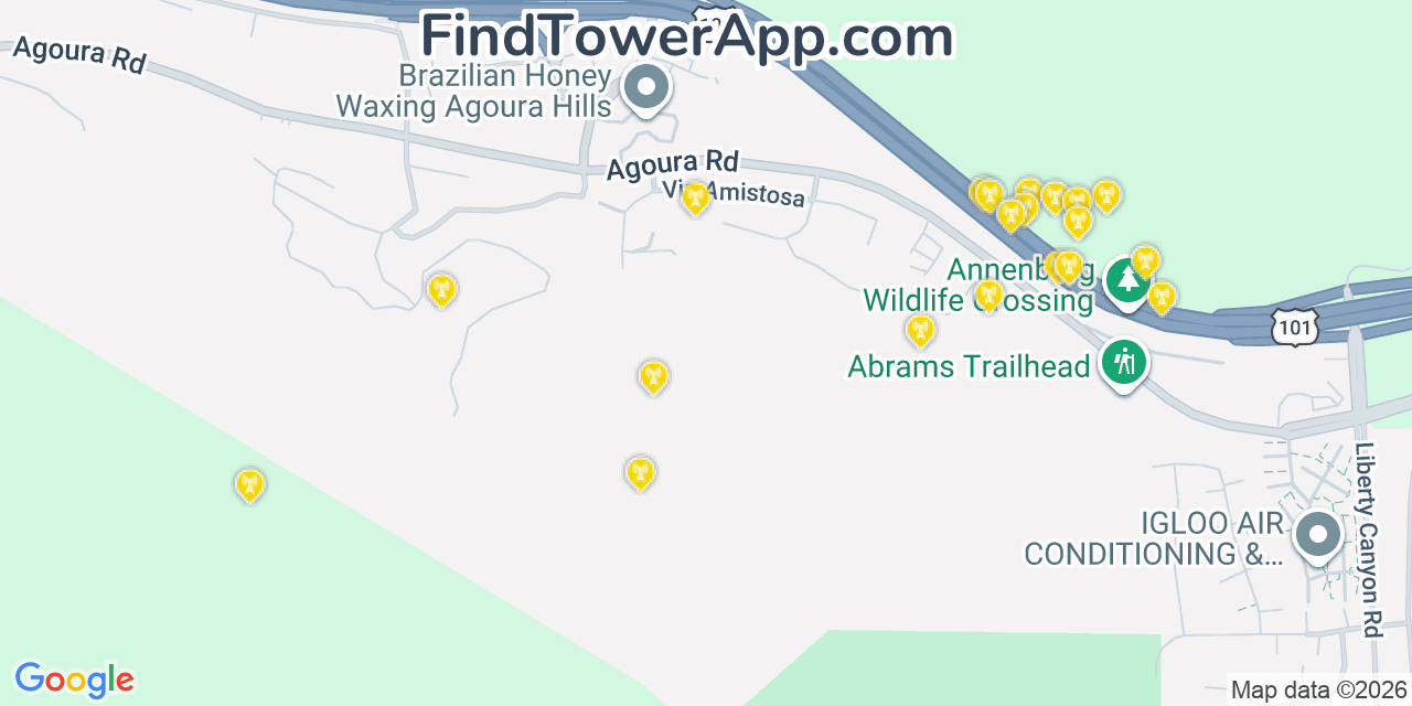 Map showing the 20 primary cell tower locations detected in Agoura, California from AT&T, Verizon, and T-Mobile networks