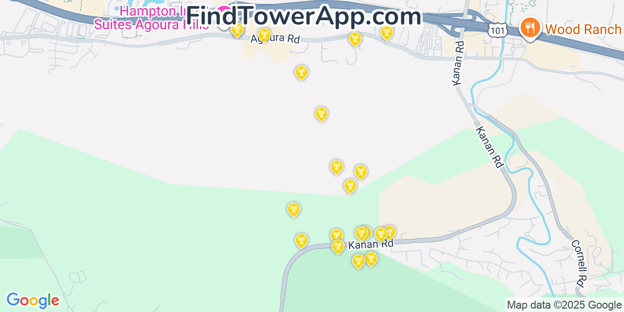 Map showing the 20 primary cell tower locations detected in Agoura Hills, California from AT&T, Verizon, and T-Mobile networks