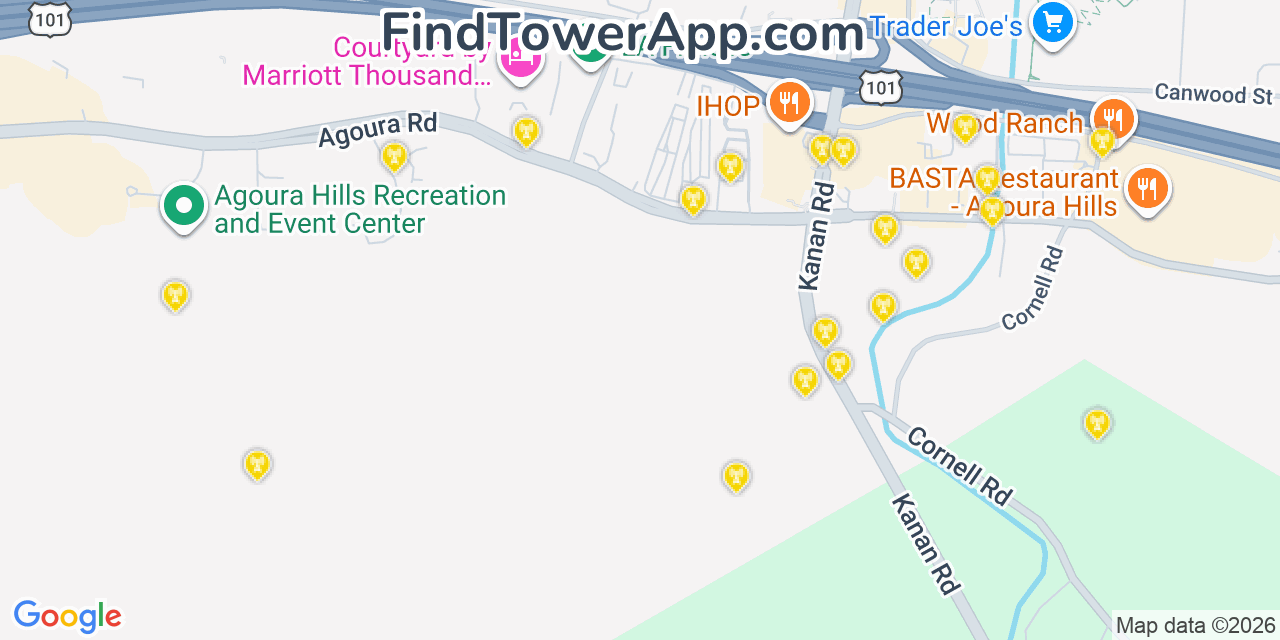 Map showing the 20 primary cell tower locations detected in Agoura Hills, California from AT&T, Verizon, and T-Mobile networks