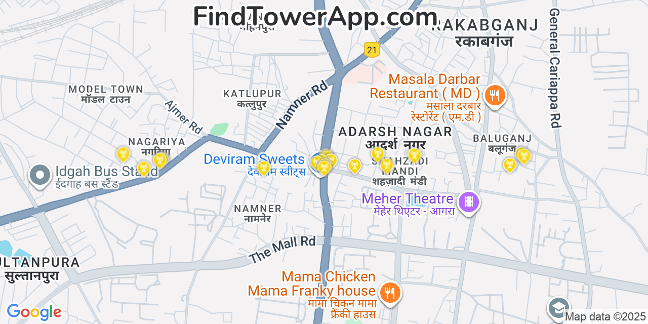 Map showing the 20 primary cell tower locations detected in Agra, India with coverage areas and signal strength