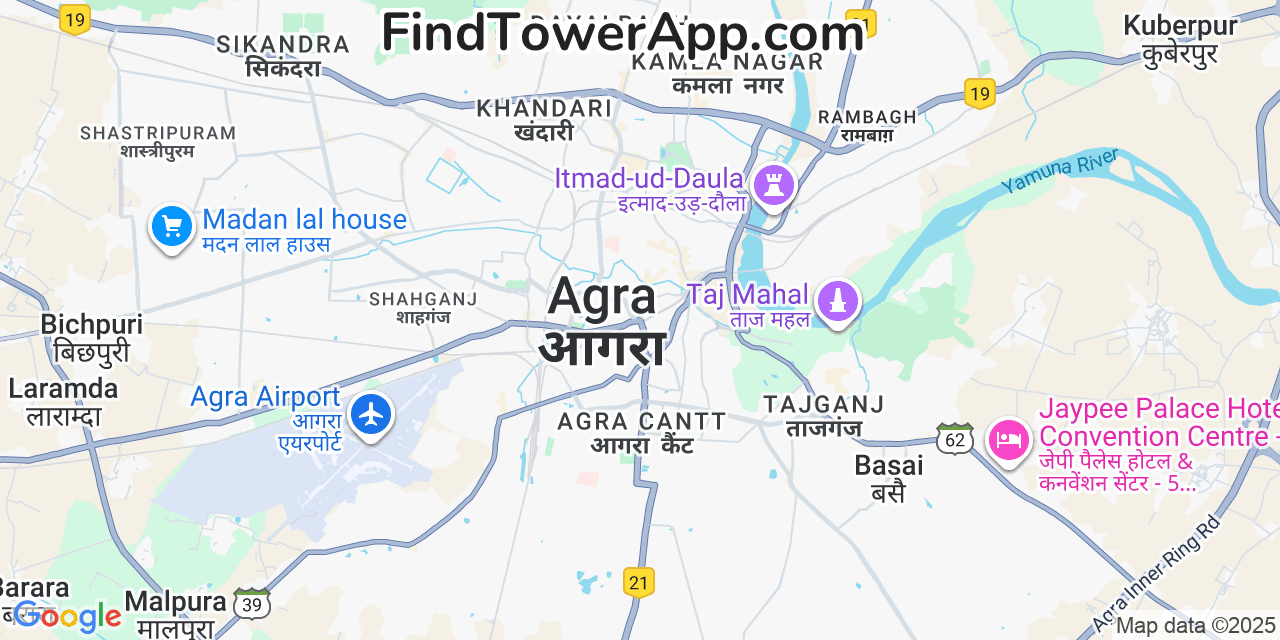 Map showing the 0 primary Orissa cell tower locations detected in Agra, India with coverage radius and signal strength indicators