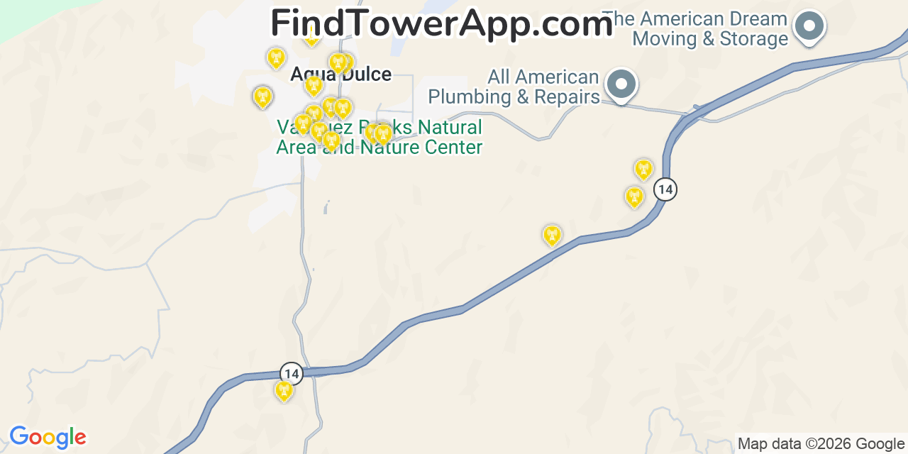 Map showing the 20 primary cell tower locations detected in Agua Dulce, California from AT&T, Verizon, and T-Mobile networks