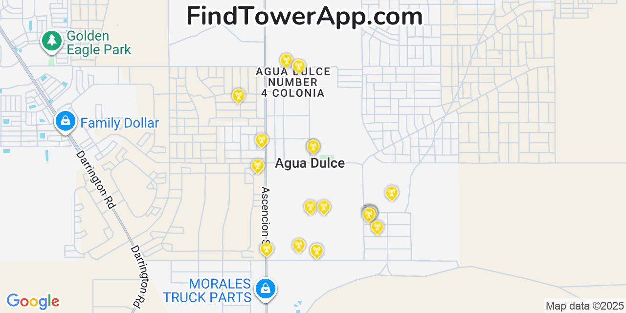 Map showing the 20 primary cell tower locations detected in Agua Dulce, Texas from AT&T, Verizon, and T-Mobile networks