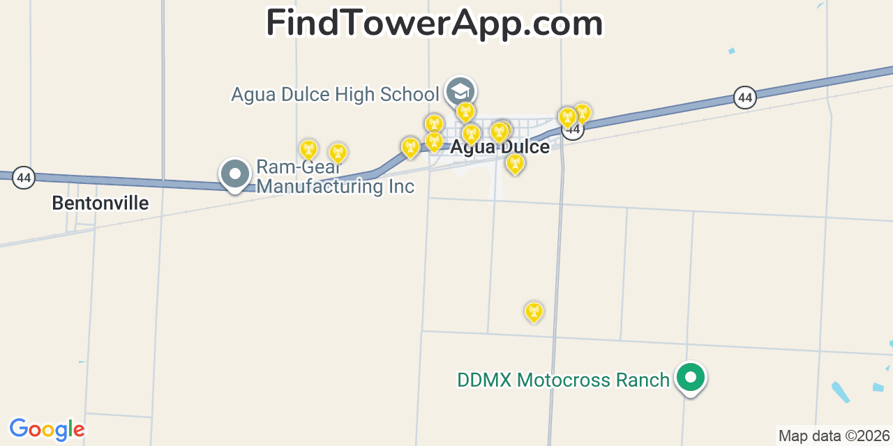 Map showing the 20 primary cell tower locations detected in Agua Dulce, Texas from AT&T, Verizon, and T-Mobile networks