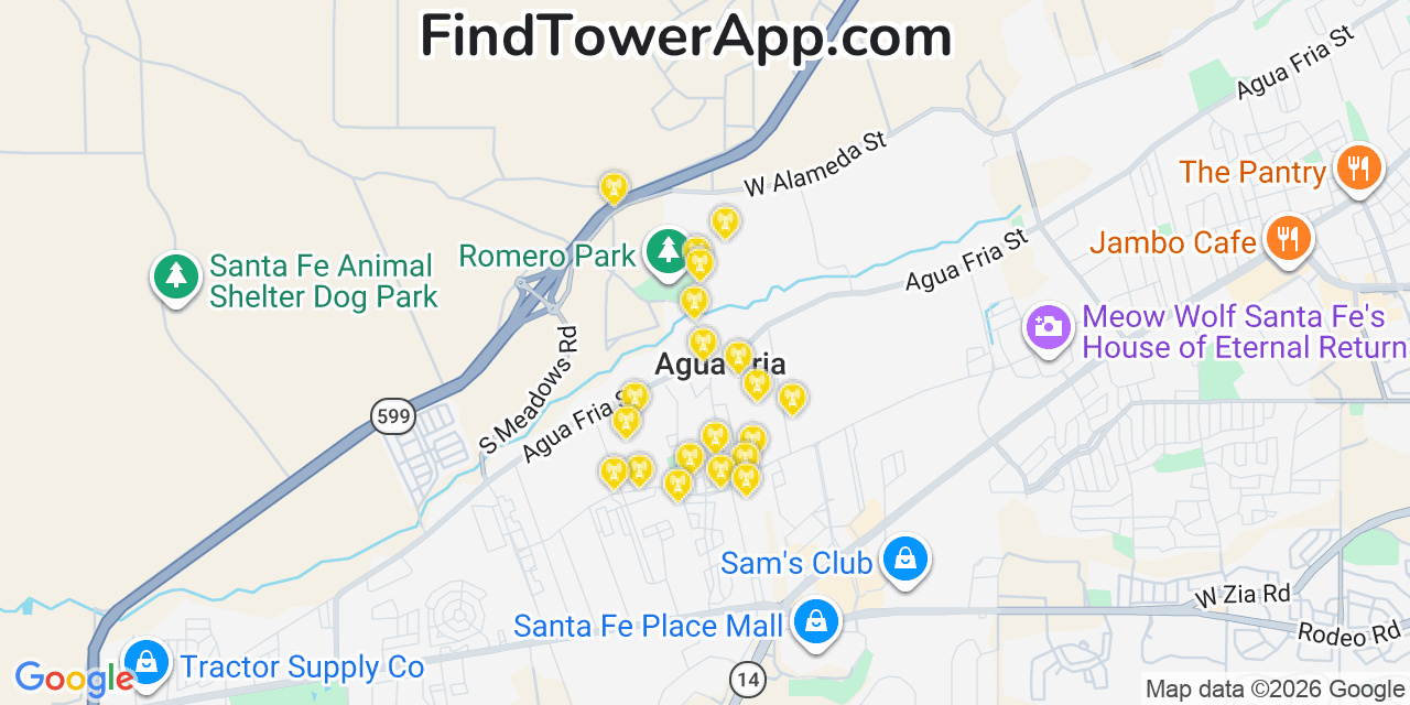 Map showing the 20 primary cell tower locations detected in Agua Fria, New Mexico from AT&T, Verizon, and T-Mobile networks