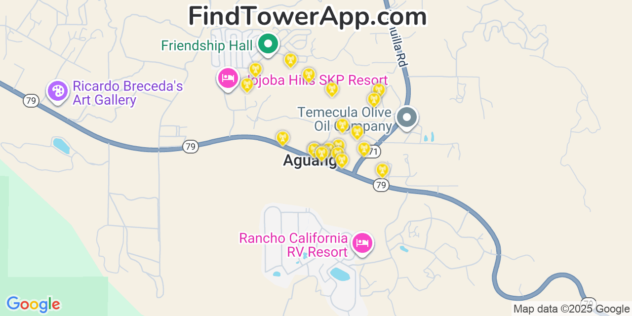 Map showing the 20 primary cell tower locations detected in Aguanga, California from AT&T, Verizon, and T-Mobile networks