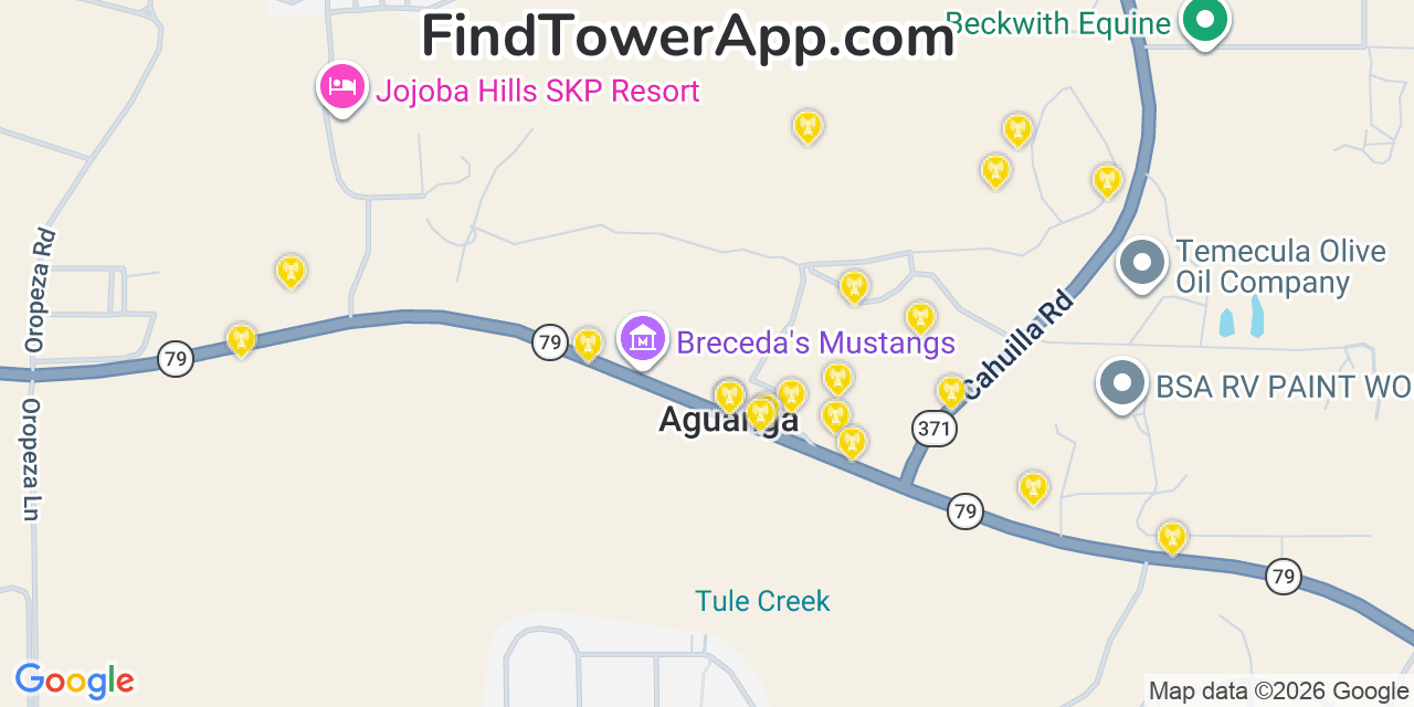Map showing the 20 primary cell tower locations detected in Aguanga, California from AT&T, Verizon, and T-Mobile networks