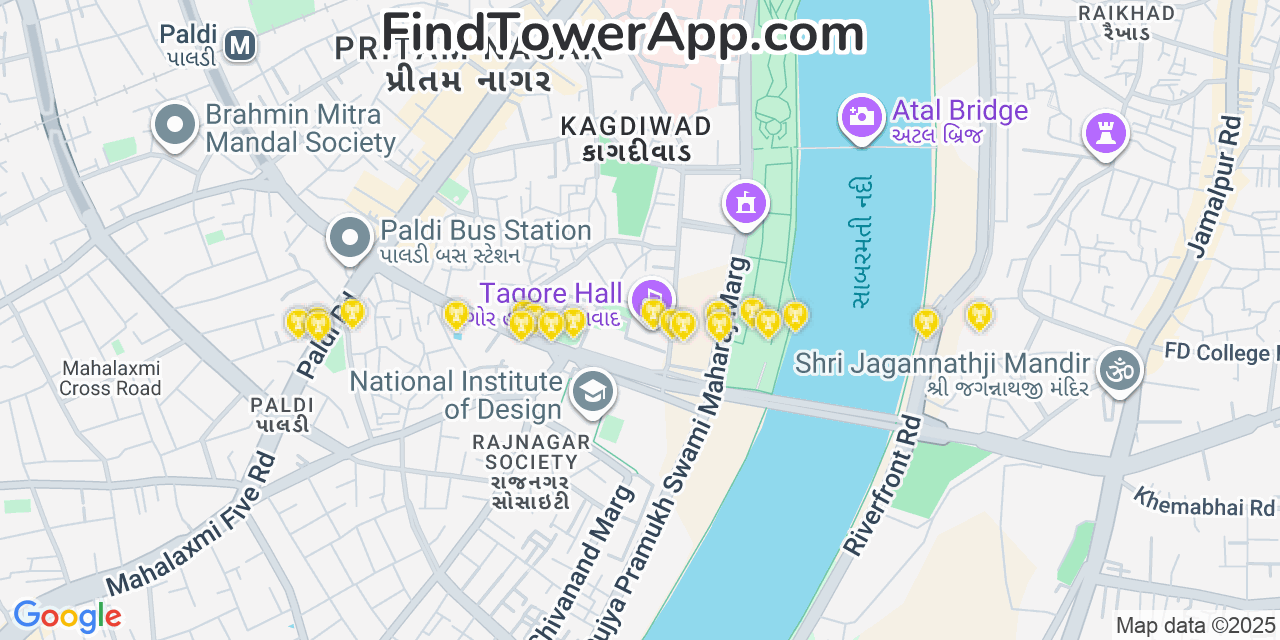 Map showing the 20 primary cell tower locations detected in Ahmedabad, India with coverage areas and signal strength