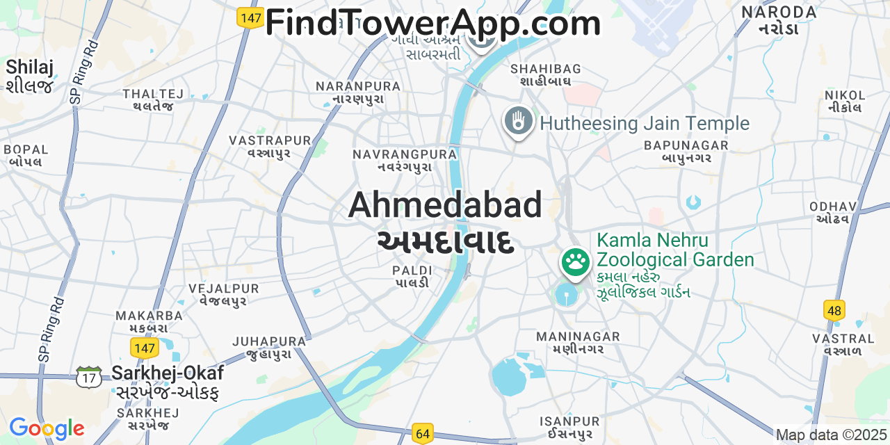 Map showing the 0 primary Tamil-Nadu cell tower locations detected in Ahmedabad, India with coverage radius and signal strength indicators