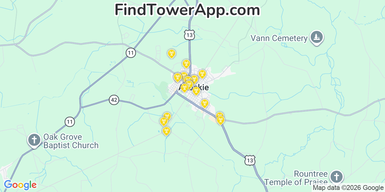 Map showing the 20 primary cell tower locations detected in Ahoskie, North Carolina from AT&T, Verizon, and T-Mobile networks