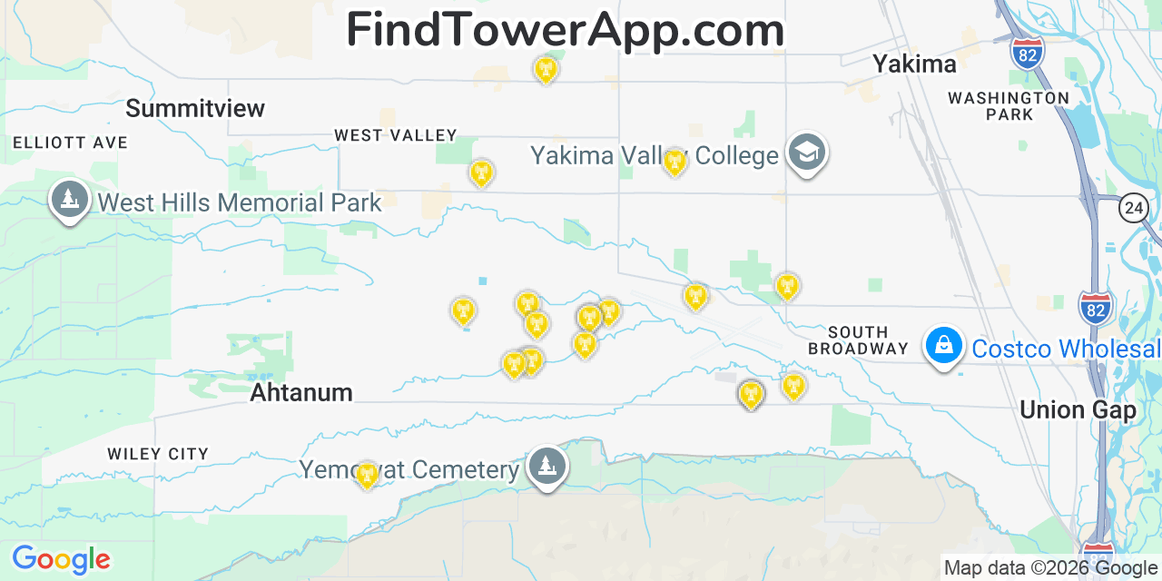 Map showing the 20 primary cell tower locations detected in Ahtanum, Washington from AT&T, Verizon, and T-Mobile networks