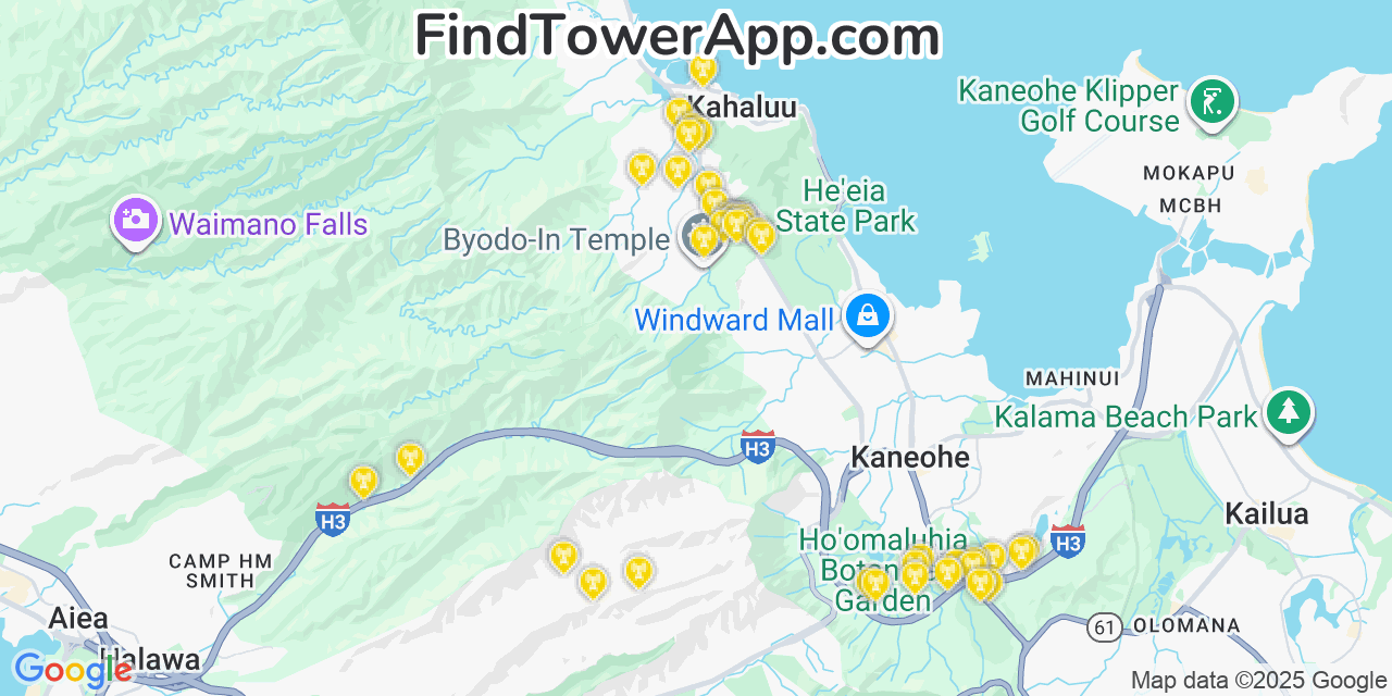 Map showing the 39 primary AT&T cell tower locations detected in Āhuimanu, Hawaii with coverage radius and signal strength indicators