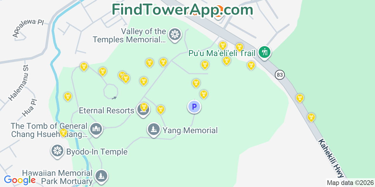 Map showing the 20 primary cell tower locations detected in Āhuimanu, Hawaii from AT&T, Verizon, and T-Mobile networks