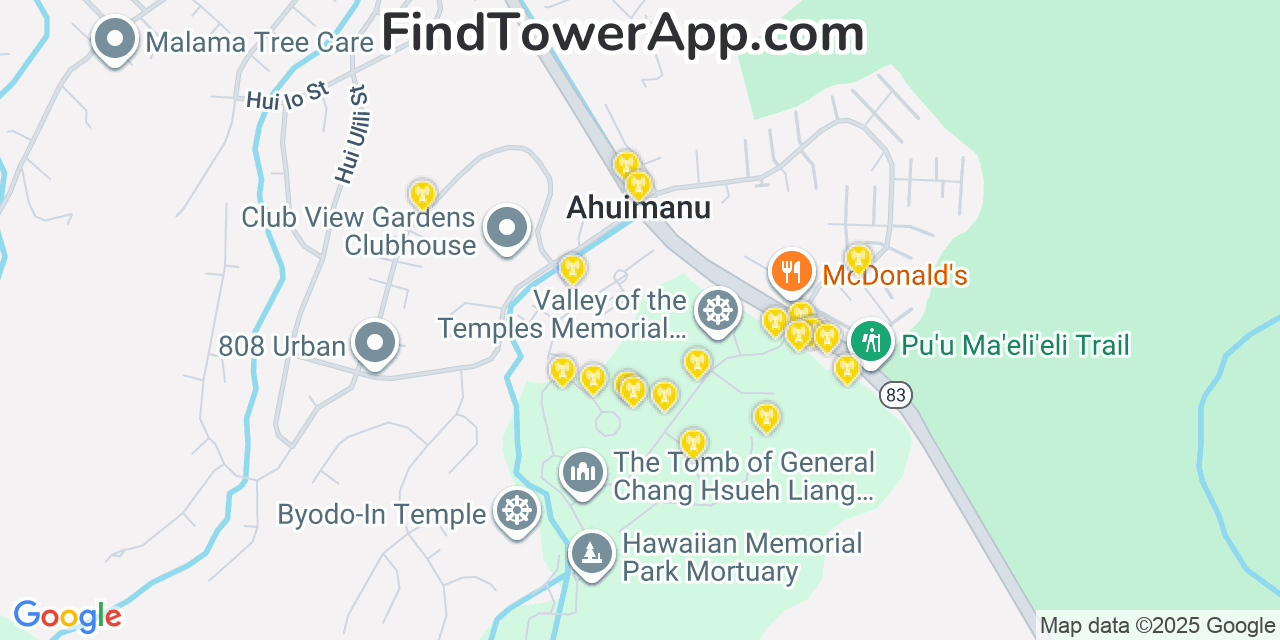 Map showing the 20 primary T-Mobile cell tower locations detected in Āhuimanu, Hawaii with coverage radius and signal strength indicators