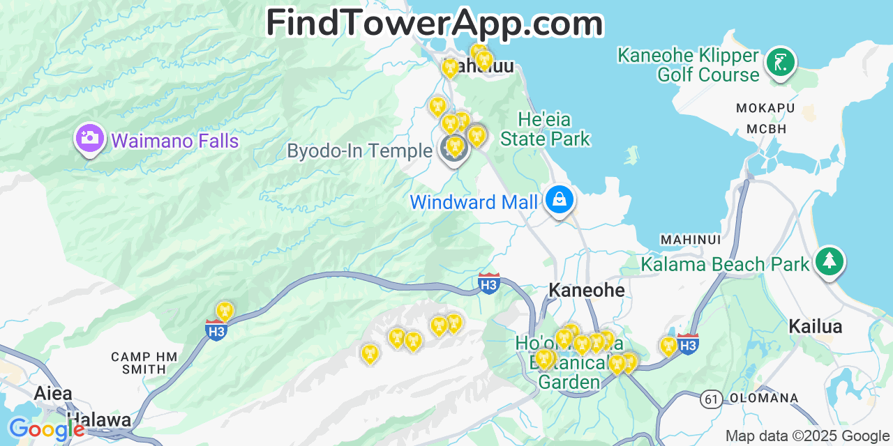 Map showing the 29 primary Verizon cell tower locations detected in Āhuimanu, Hawaii with coverage radius and signal strength indicators