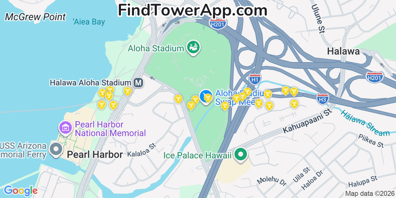 Map showing the 20 primary cell tower locations detected in Aiea, Hawaii from AT&T, Verizon, and T-Mobile networks