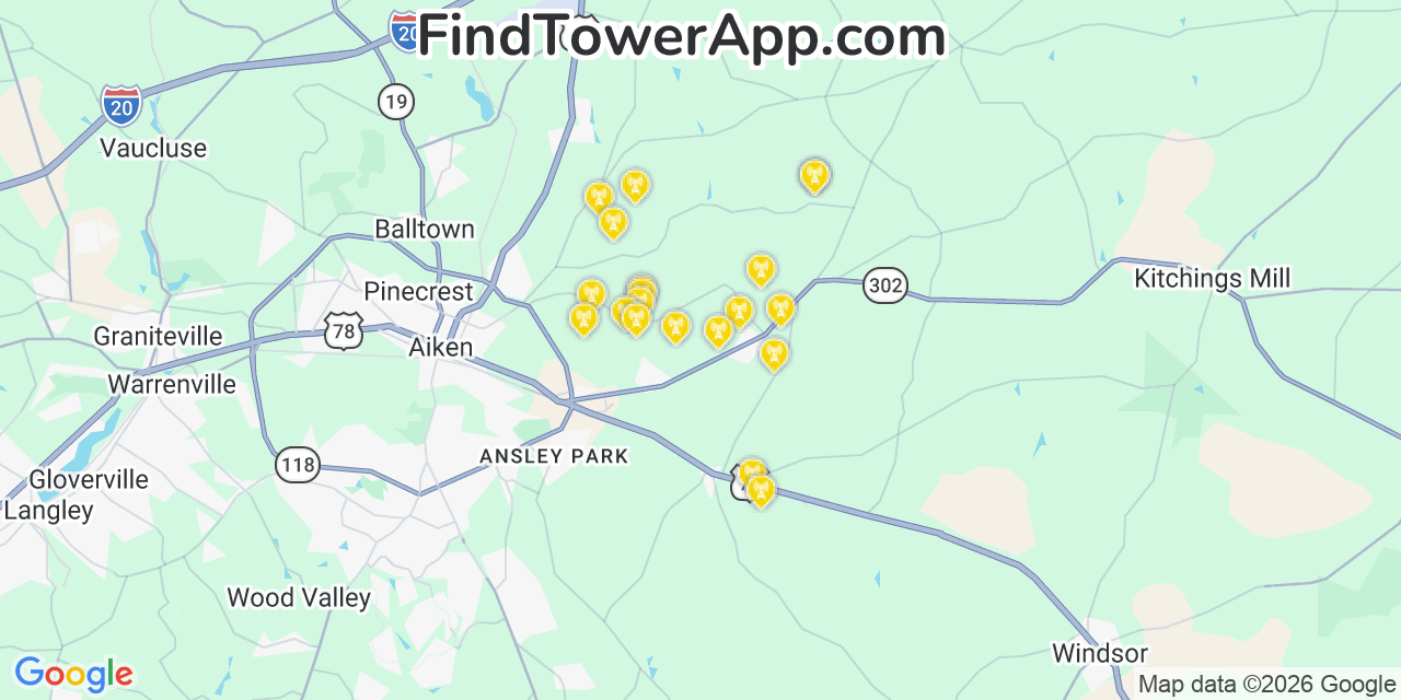 Map showing the 20 primary cell tower locations detected in Aiken, South Carolina from AT&T, Verizon, and T-Mobile networks