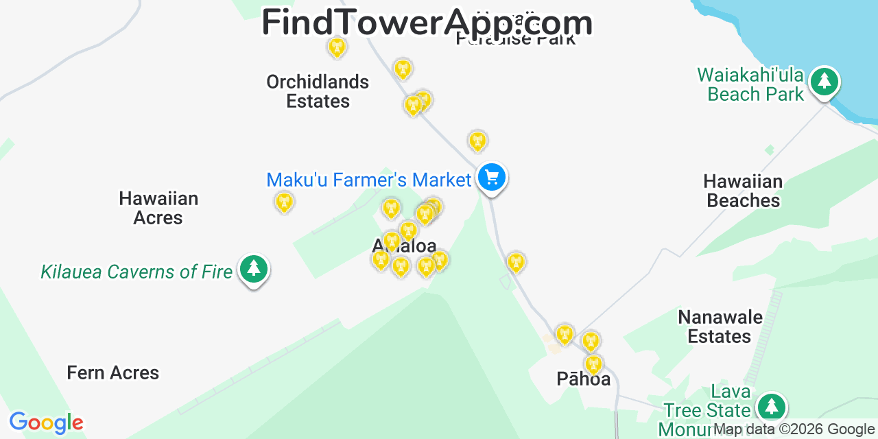 Map showing the 20 primary cell tower locations detected in Ainaloa, Hawaii from AT&T, Verizon, and T-Mobile networks