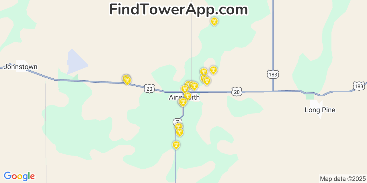 Map showing the 20 primary cell tower locations detected in Ainsworth, Nebraska from AT&T, Verizon, and T-Mobile networks