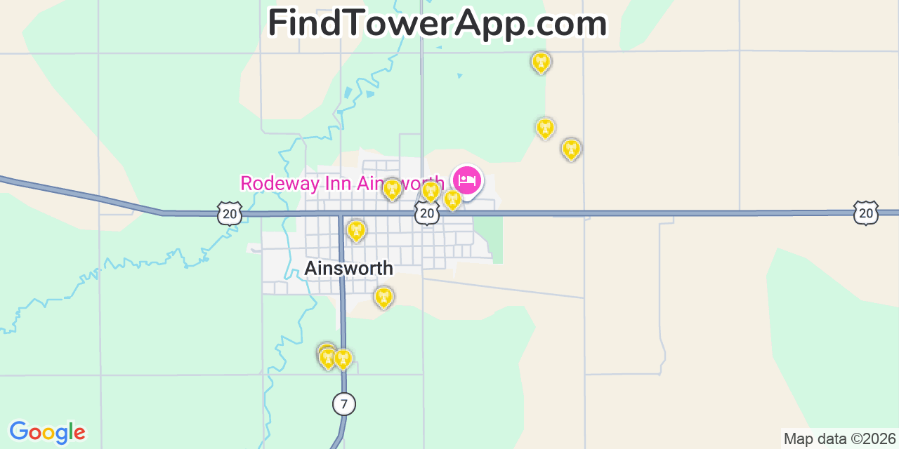 Map showing the 20 primary cell tower locations detected in Ainsworth, Nebraska from AT&T, Verizon, and T-Mobile networks