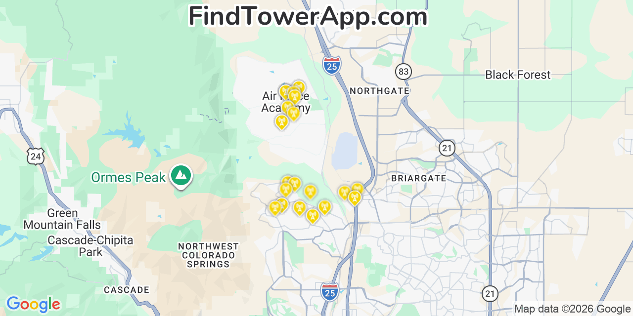 Map showing the 20 primary cell tower locations detected in Air Force Academy, Colorado from AT&T, Verizon, and T-Mobile networks