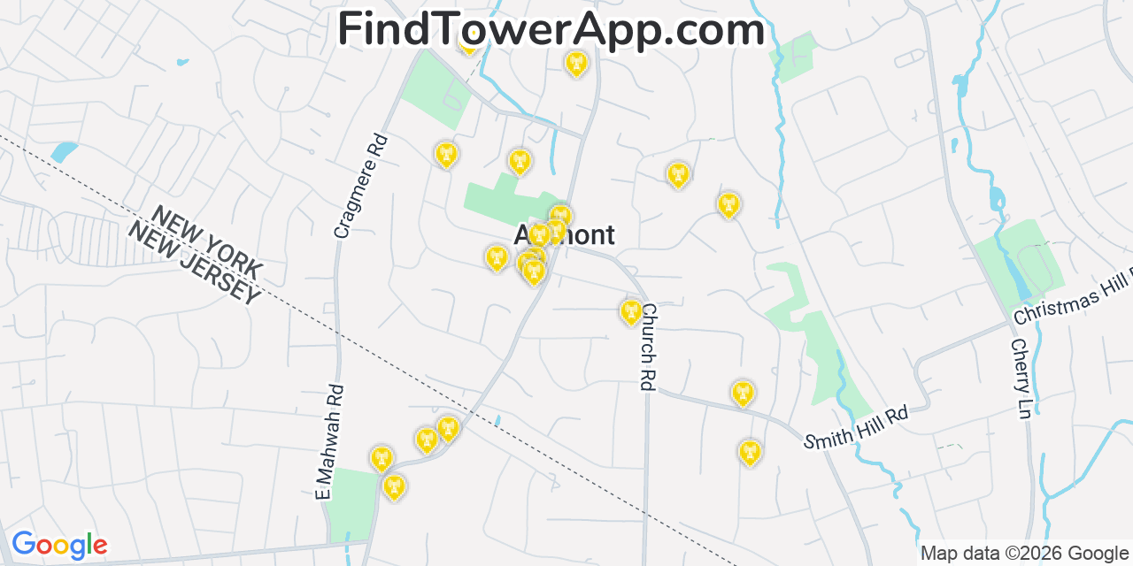 Map showing the 20 primary cell tower locations detected in Airmont, New York from AT&T, Verizon, and T-Mobile networks