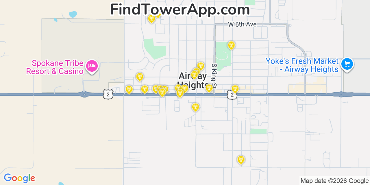 Map showing the 20 primary cell tower locations detected in Airway Heights, Washington from AT&T, Verizon, and T-Mobile networks