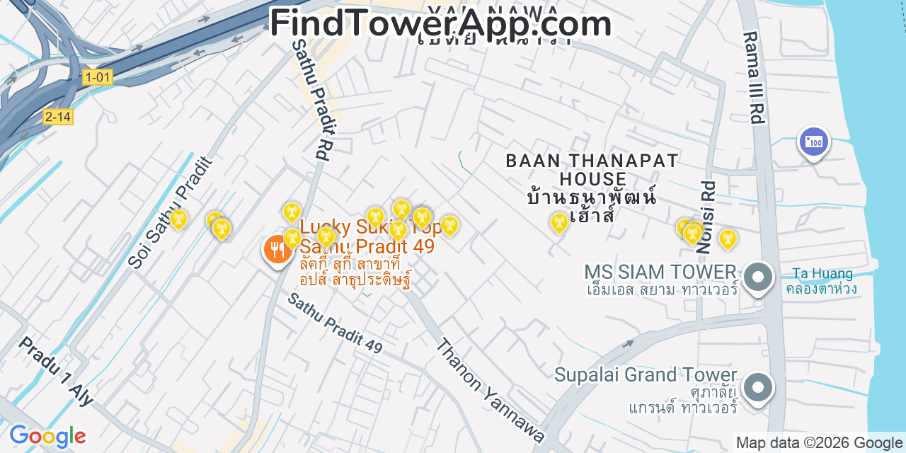 Map showing the 20 primary AIS cell tower locations in Ais, Thailand