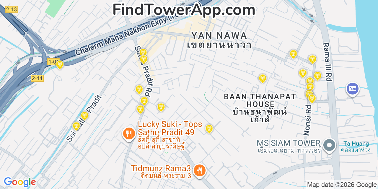Map showing the 20 primary DTAC cell tower locations in Ais, Thailand