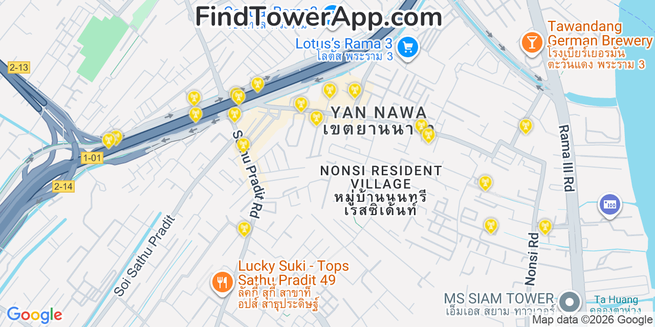 Map showing the 20 primary cell tower locations detected in Ais, Thailand with coverage areas and signal strength