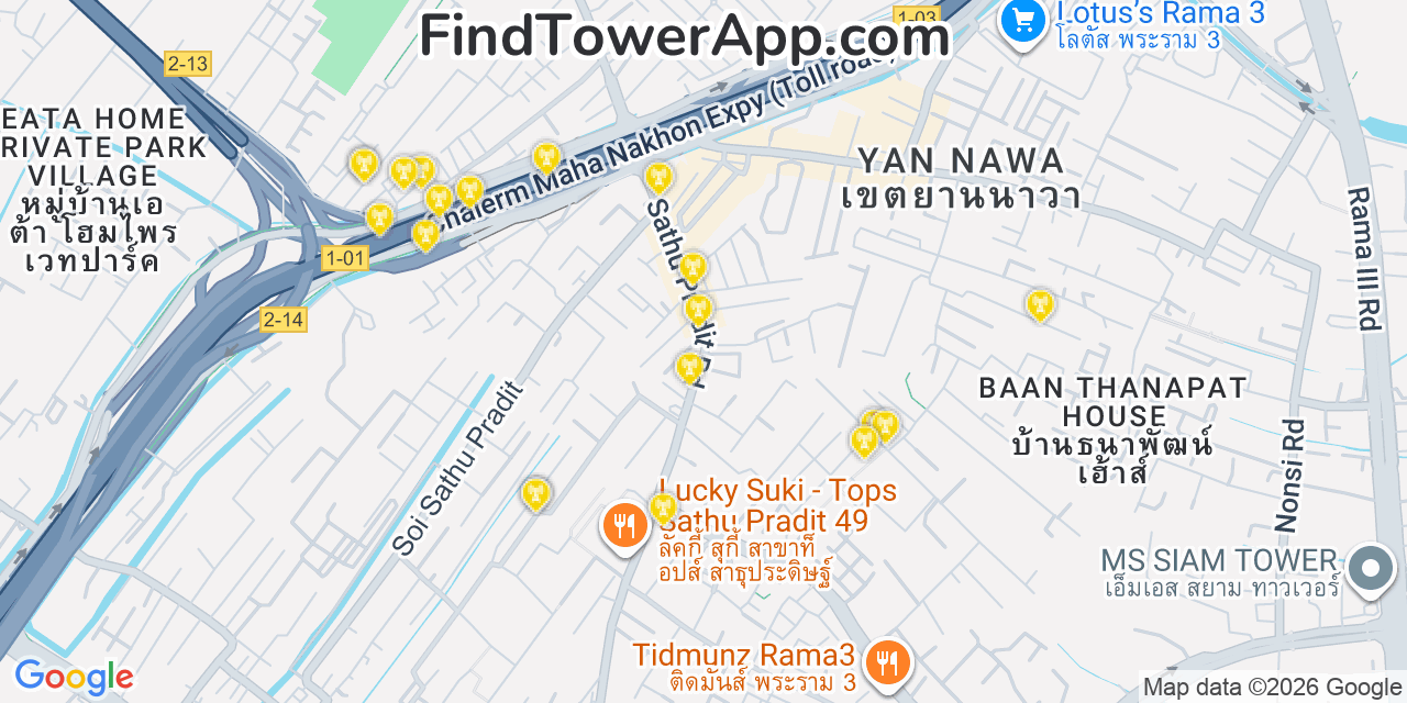 Map showing the 20 primary TOT Public Company cell tower locations in Ais, Thailand
