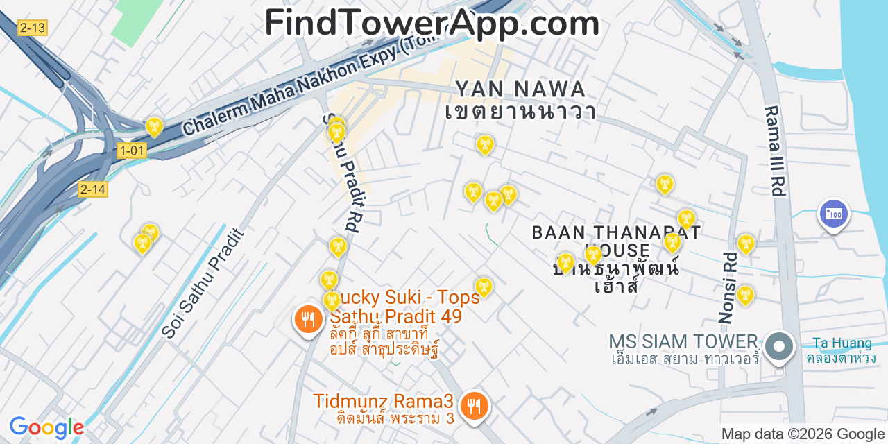 Map showing the 20 primary True cell tower locations in Ais, Thailand