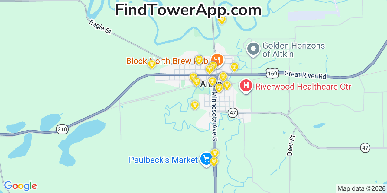 Map showing the 20 primary cell tower locations detected in Aitkin, Minnesota from AT&T, Verizon, and T-Mobile networks