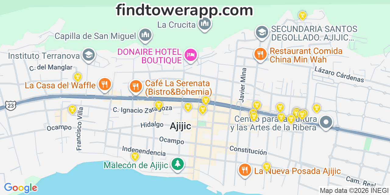 Map showing the 20 primary AT&T cell tower locations in Ajijic, Mexico