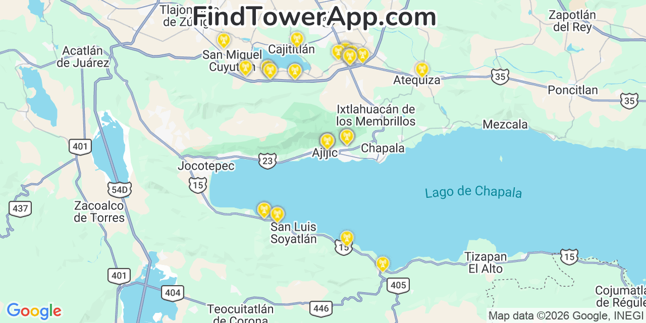 Map showing the 33 primary Altan Redes cell tower locations in Ajijic, Mexico