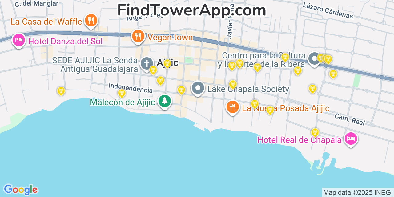 Map showing the 20 primary cell tower locations detected in Ajijic, Mexico with coverage areas and signal strength
