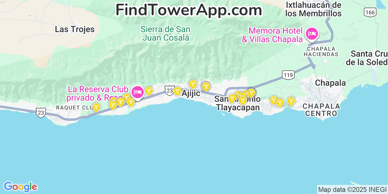 Map showing the 25 primary Movistar cell tower locations in Ajijic, Mexico