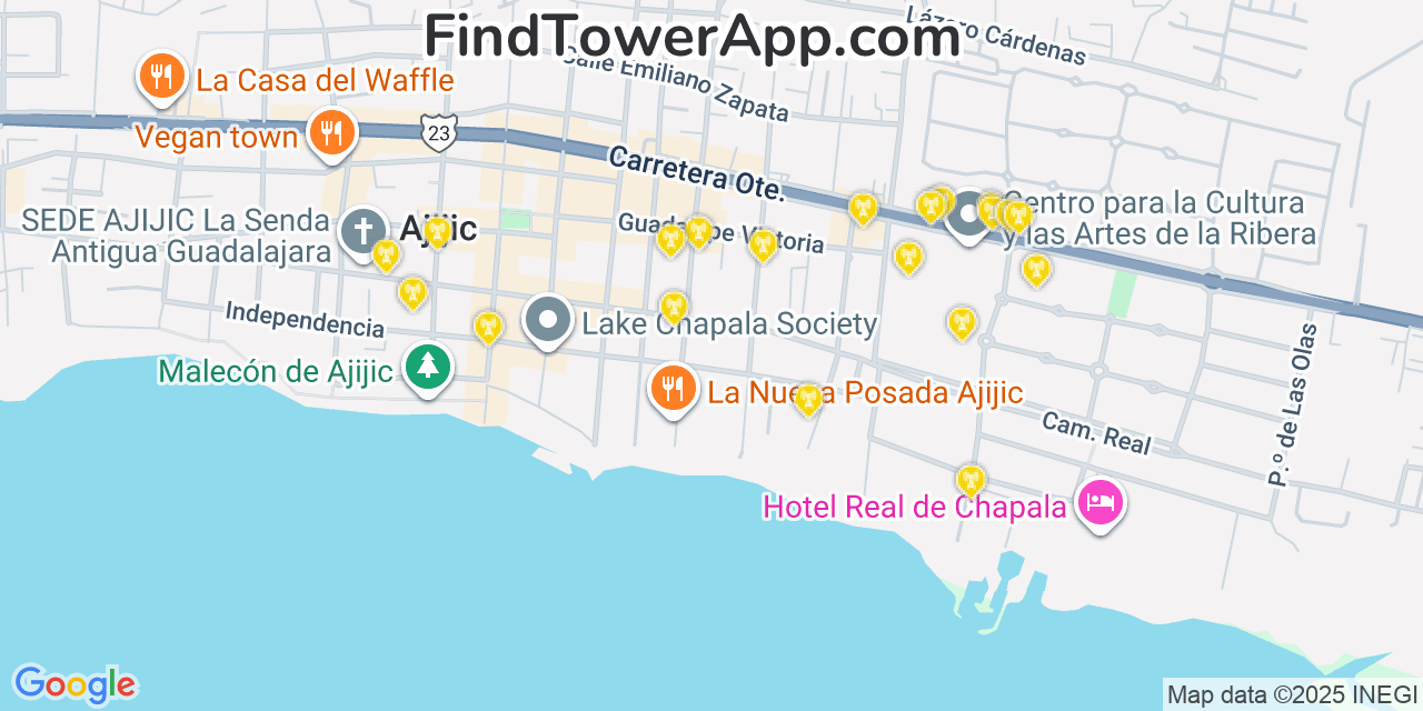 Map showing the 20 primary Telcel cell tower locations in Ajijic, Mexico