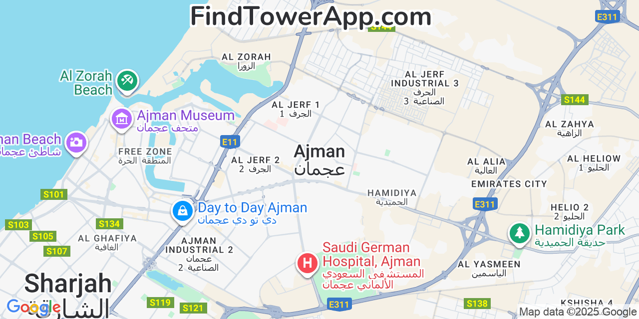 Map showing the 0 primary Etisalat cell tower locations detected in Ajman, United Arab Emirates with coverage radius and signal strength indicators