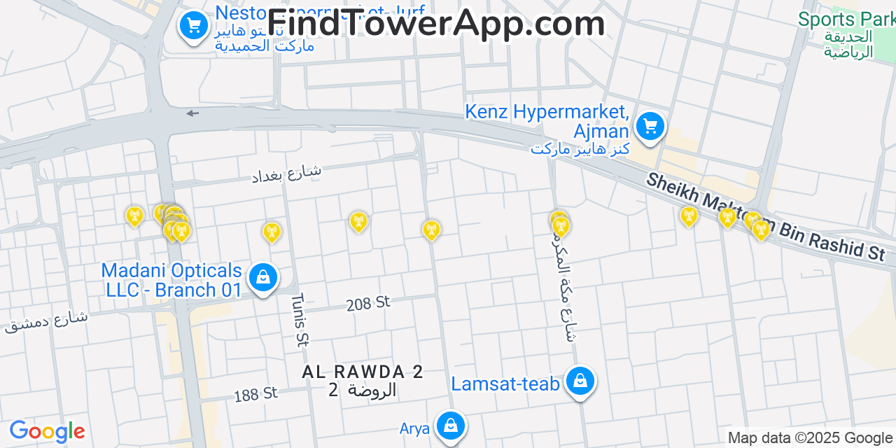 Map showing the 20 primary cell tower locations detected in Ajman, United Arab Emirates with coverage areas and signal strength