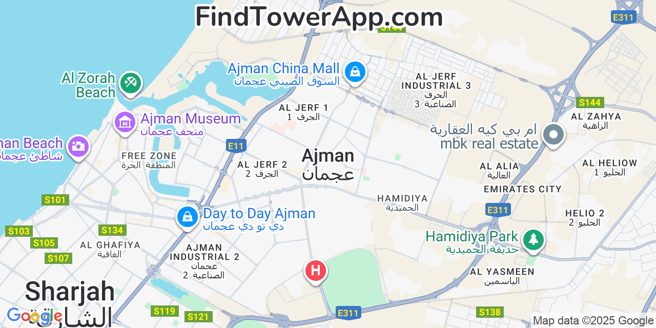 Map showing the 0 primary du cell tower locations detected in Ajman, United Arab Emirates with coverage radius and signal strength indicators