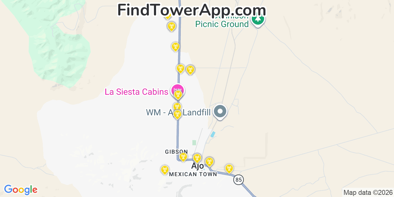 Map showing the 20 primary cell tower locations detected in Ajo, Arizona from AT&T, Verizon, and T-Mobile networks