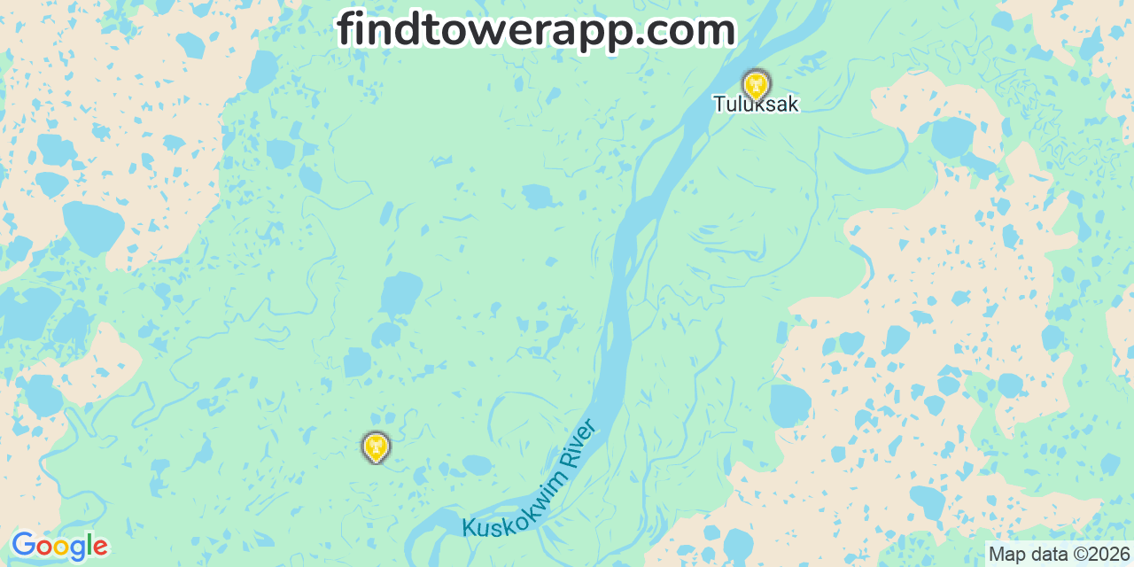 Map showing the 20 primary AT&T cell tower locations detected in Akiak, Alaska with coverage radius and signal strength indicators