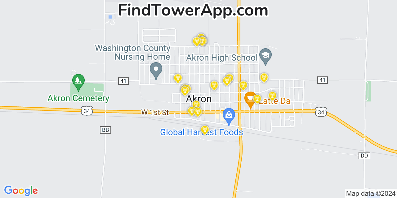 AT&T 4G/5G cell tower coverage map Akron, Colorado