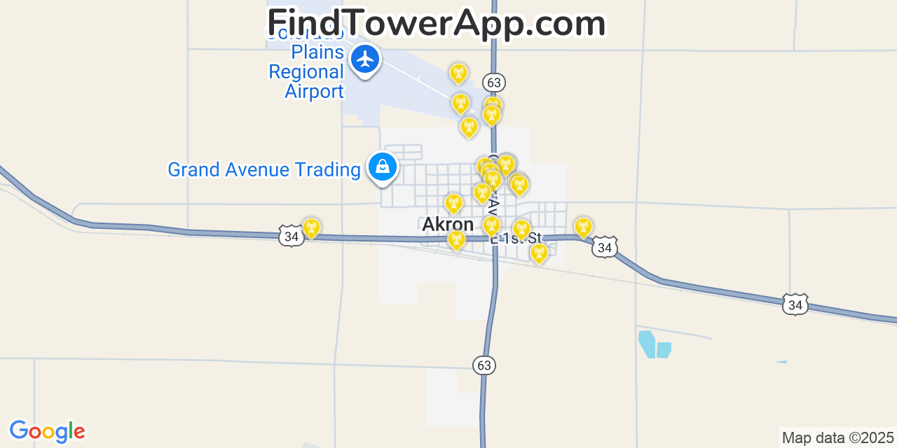 Map showing the 20 primary cell tower locations detected in Akron, Colorado from AT&T, Verizon, and T-Mobile networks