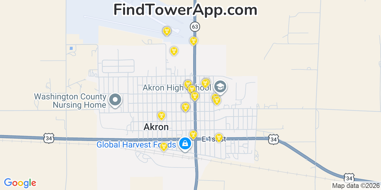 Map showing the 20 primary cell tower locations detected in Akron, Colorado from AT&T, Verizon, and T-Mobile networks