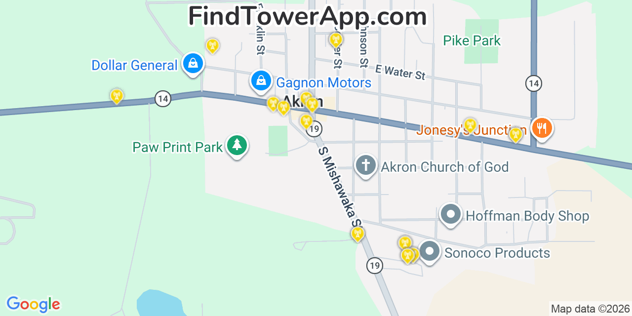 Map showing the 20 primary cell tower locations detected in Akron, Indiana from AT&T, Verizon, and T-Mobile networks