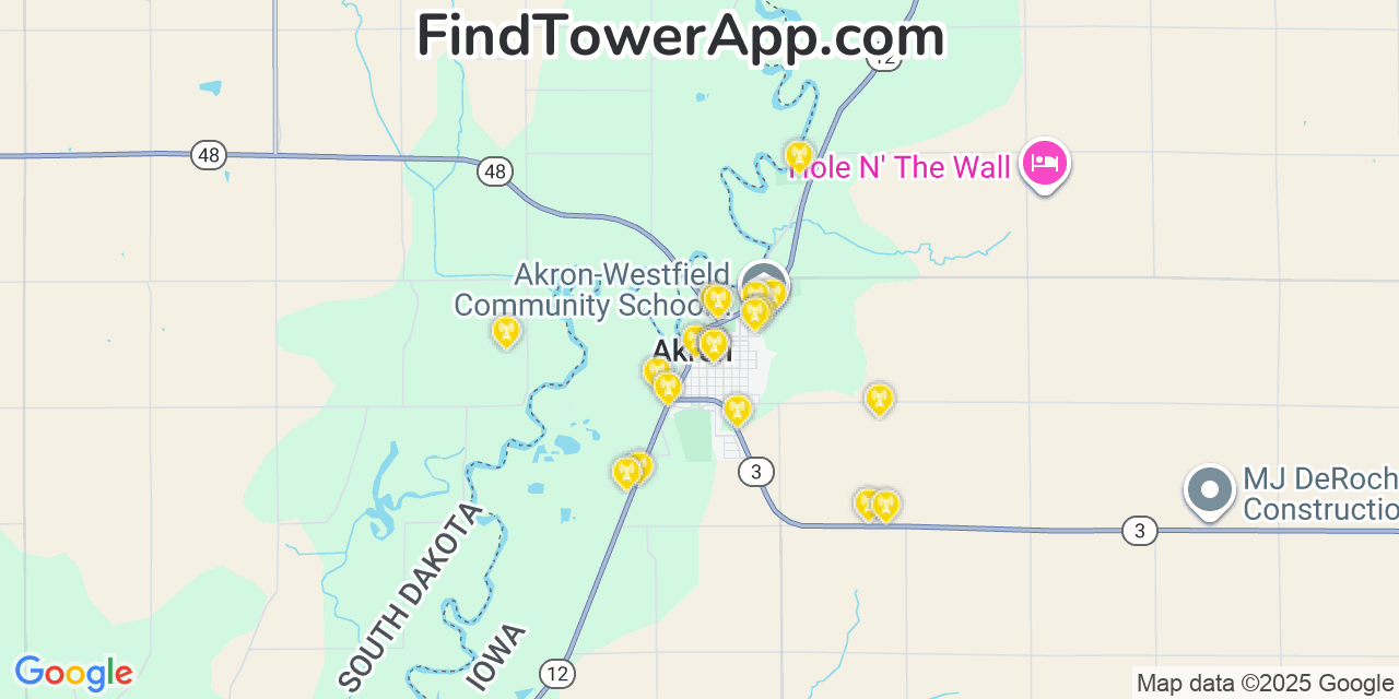 Map showing the 20 primary cell tower locations detected in Akron, Iowa from AT&T, Verizon, and T-Mobile networks