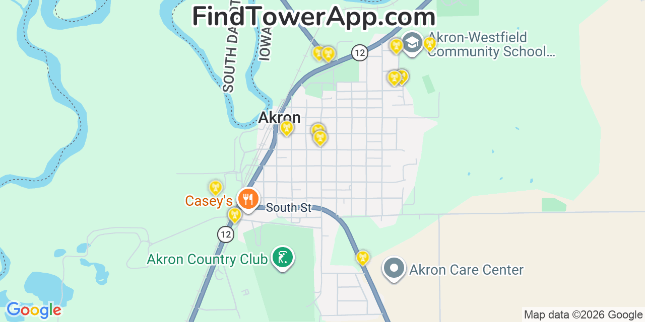 Map showing the 20 primary cell tower locations detected in Akron, Iowa from AT&T, Verizon, and T-Mobile networks